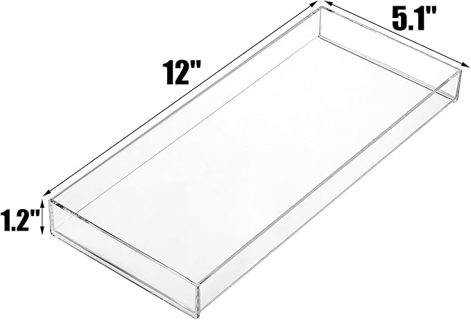 Peohud 3 Pack Acrylic Bathroom Trays, Clear Vanity Tray for Toilet Tank, Decorative Countertop Organizer for Perfume, Makeup, Cosmetics, Jewelry, Soap, Candle, Plant, 12 x 5.1 x 1.2 Inches