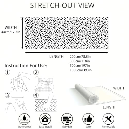 Modern Peel and Stick Wallpaper 17.3" x 78.8" Self Adhesive Wallpaper Black and White Contact Paper Polka Dot Removable Wall paper Decorative for Bedroom Bathroom Cabinets and Countertops Vinyl Roll
