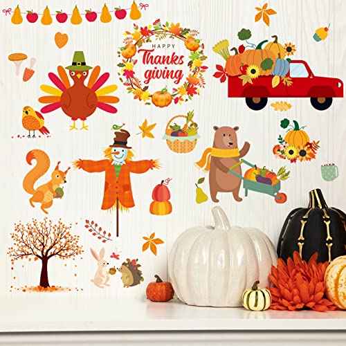 77 Pieces Fall Thanksgiving Wall Stickers Maple Leaves Decals Autumn Pumpkin Window Clings Orange Truck Turkey Squirrel Wall Art Decor for Thanksgiving Fall Party Home Office Decoration