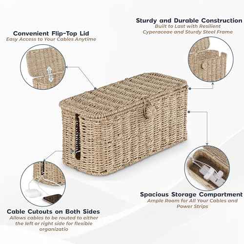 2-Pack Large Cable Management Box, Natural Rattan Cable Cord Organizer Boxes for Power Strip ? 2 Open Slots Cords Hider Box for TV Wires, Computer, Router, USB Hub and Under Desk Power Strip