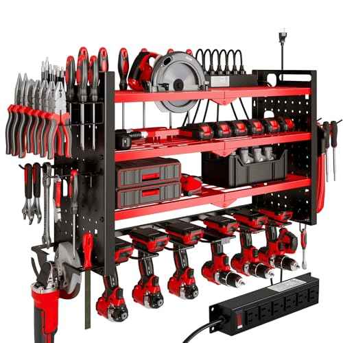 Power Tool Organizer Wall Mount with Charging Station 4 Layer 6 Slot Cordless Drill Holder with Angle Grinder Holder (Red)