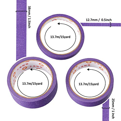 Outus 3 Rolls 45 Yards Purple Crafting Tape Multipurpose Removable Masking Tape for Art DIY Labeling Decoration, 0.5 in, 1 Inch, 1.5 Inch