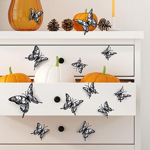 Halloween Wall Decor 3D Stereo Skull Butterfly Wall Decals Halloween Decorations Skeleton Butterflies Design Black Gothic Home Decor Halloween Wall Stickers for Door Wall Window Clings Decor 12Pcs