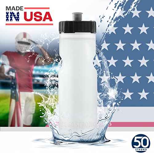 50 Strong Sports Water Bottles ? Reusable 22 oz BPA-Free Plastic Bottles with Pull Top Cap ? Made in USA ? Top Rack Dishwasher Safe ? Fits Most Bike Cages Brand