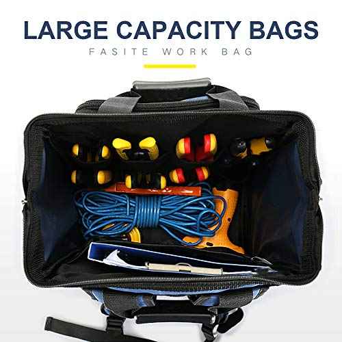FASITE Tool Bag Backpack, Heavy Duty Durable Electrician Work Pack for Hand Tools, Waterproof Tool Storage & Organizer for a Contractor, Plumber, HVAC, Cable Repairman, Blue