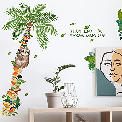 Book Tree Plants Sloth Wall Sticker, Cute Sloth Climbing on The Tree Wall Decal, Removable DIY Vinyl Mural Art Wallpaper D?cor for Reading Room Kids Bedroom Nursery Classroom