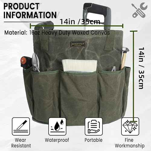 Denifiter Professional 16oz Waxed Canvas Garden Tool Tote - Extra Large Waterproof Storage with 8 Pockets & Reinforced Base | Durable Carrying Case for Gardening, Landscaping & Outdoor Work