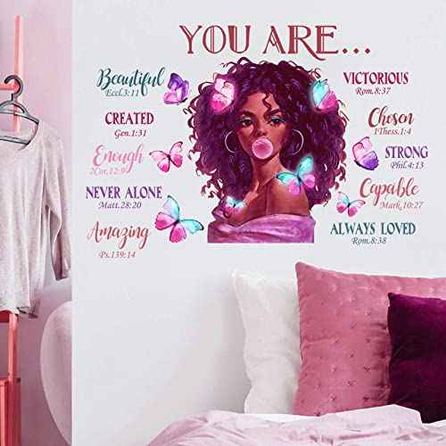 Mfault Black Girl Magic You are Beautiful Wall Decals Stickers, African American Nursery Decor Positive Saying Religious Bedroom Art, Inspirational Afro Butterfly Kids Teens Room Home Decorations