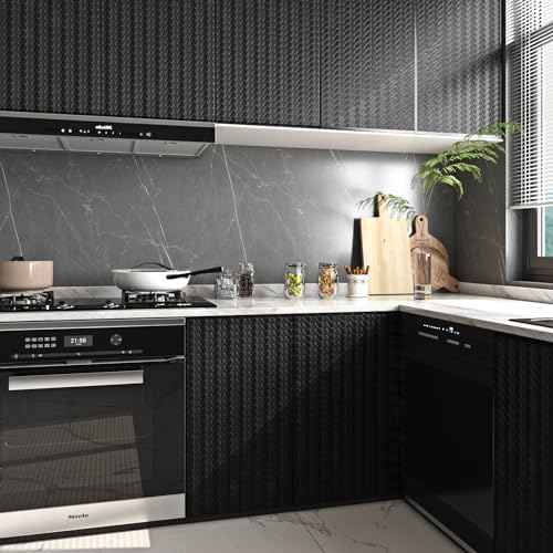 Livelynine Textured Rattan Wallpaper Black Peel and Stick Wall Paper for Bathroom Kitchen Cabinet Covering Waterproof Black Contact Paper for Cabinets 15.8x78.8 Modern Matte Basket Weave Pattern