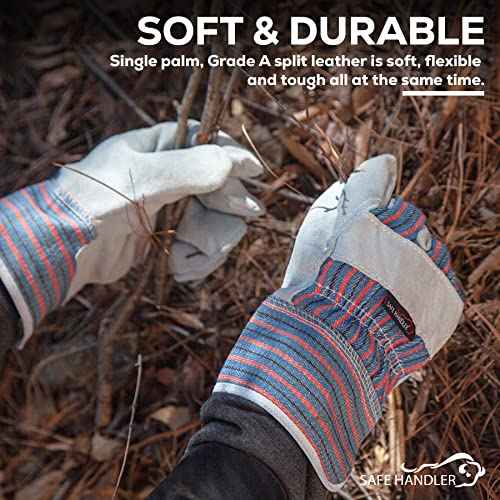 SAFE HANDLER Work Leather Gloves with Cool Cotton Lined Backing Lightweight & Versatile Split Leather Safety Cuff Work Gloves