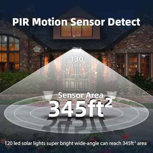HMCITY 120 LED Outdoor Solar Lights with Motion Sensor and 3 Lighting Modes, IP65 Waterproof Wide Solar Wall Lights Ideal for Garden Patio Yard (Front Button 8Packs, Daylight White)