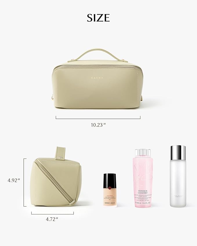 EACHY Travel Makeup Bag, Large Capacity Cosmetic Bag for Women, Waterproof PU Leather, Flat Open Portable Toiletry Bag for Skincare, Brushes & Travel Essentials