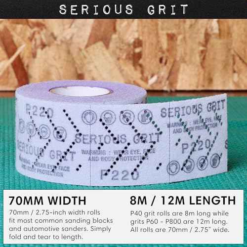 Serious Grit 120 Grit Hook & Loop Ceramic Sandpaper Roll - 70mm x 12m Multi-Hole Dustless Abrasive Roll for Automotive, Wood, and Metal Sanding - Ideal for Body Repair and Paint Preparation
