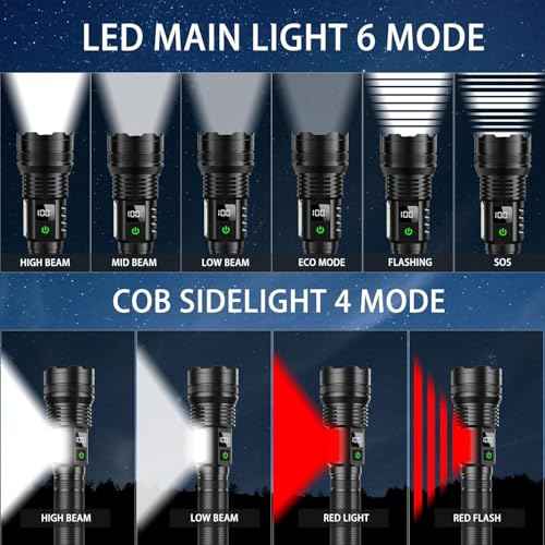 High Lumens Rechargeable LED Flashlights,Extremely Bright Tactical Flashlight,10,000 Lumens with COB Work Light,10 Modes & IP67 Waterproof & Zoomable Flash Light for Home,Camping,Hunting,Emergency