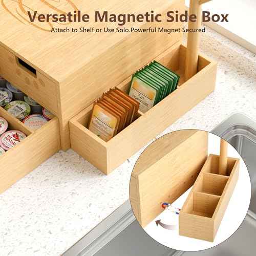 Coffee Pod Drawer, Wooden K Cup Holder with Tree Shape Mug Holder and Side Storage Box, 2-Tier K Pod Drawer Coffee Maker Machine Stand(80 Kcups+60 Tea Bags Capacity)