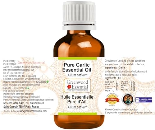 Greenwood Essential Garlic Essential Oil (Allium sativum) Pure | Non-Sticky | Non-Greasy | Lightweight | Men & Women | All Skin Types | Steam Distilled 50ml (1.69 oz)