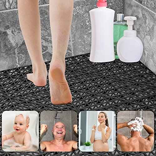 ToLanbbt Modular Interlocking Cushion 12P 11.8" x 11.8" Interlocking Rubber Floor Drain Holes Non-Slip Splicing Drainage Mats for Deck, Shower, Kitchen, Drain Pool, Sauna Bath, Indoor Outdoor (Black)