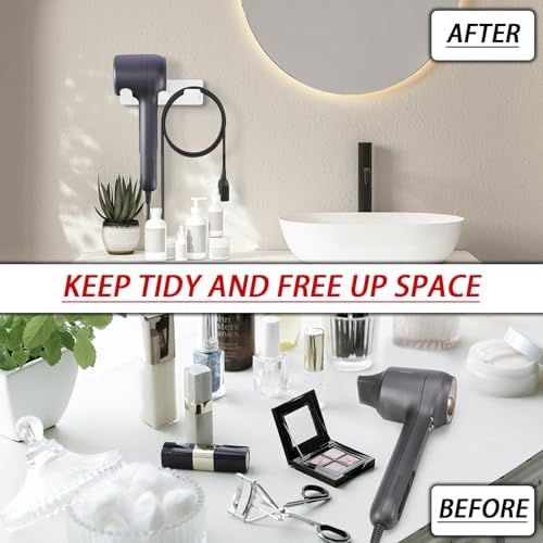 Hair Dryer Holder, Wall Mounted Rack Compatible with All Hair Dryer, Space Organizer for Bathroom/Bedroom/Washroom/Barbershop, 304 Stainless Steel, 3M Self Adhesive (White)