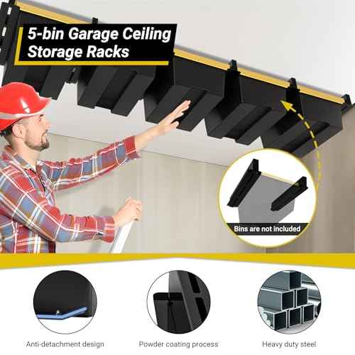 5-bin Overhead Garage Storage Rack, Heavy Duty Ceiling Storage Racks, Powder Coated Tote Storage Rack for Garages, Sheds, Storerooms (6 PCS, for 5 Bins)