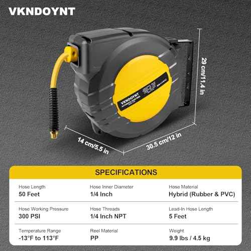 Vkndoynt Retractable Air Hose Reel, 1/4 IN x 50 FT Hybrid Polymer Hose, Auto Rewind, Wall Mount, Dark Gray/Yellow