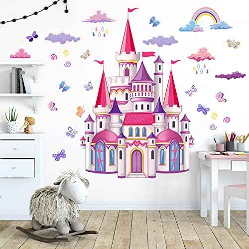 Princess Castle Removable Fairy Tale Wall Decals for Kids - Waterproof Nursery Bedroom Playroom Wall Stickers, Cartoon Castle Wall Art for Girls Room and Kindergarten Classroom Decor