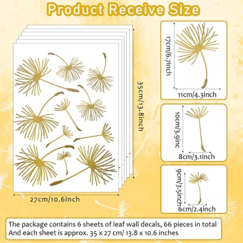 66 Pcs Wall Decals Peel and Stick Dandelion Wall Stickers Metallic Flower Murals Floral Decor Sticker for Bedroom Bathroom Living Room Nursery Office Decor(Gold,6 Pcs)