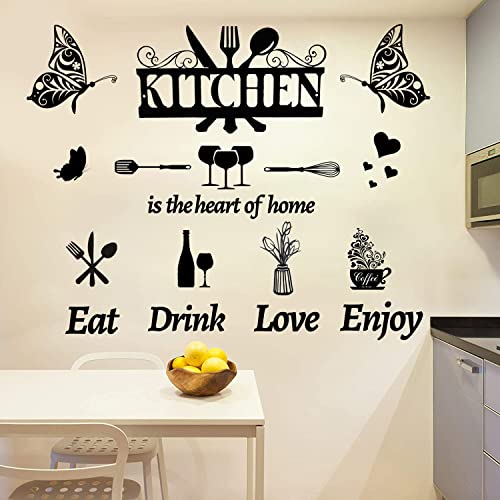 Large Kitchen Wall Decals Dining Room Quotes Wall Stickers The Kitchen is The Heart of Home Sign Decor Word Saying Lettering Wall Decals Butterfly Coffee Cup Sticker for Family Home Restaurant Decor