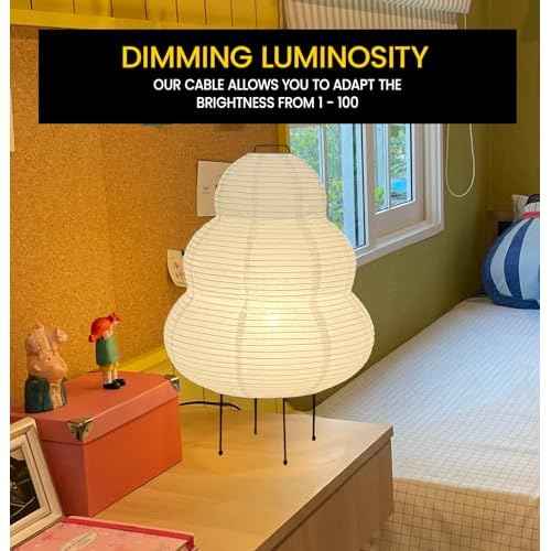 Noguchi Akari Rice Paper Lantern Lamp - Dimmable Japanese Table Lamp with Washi Paper Shade, Bulb Included - Japandi Bedside, Desk Light
