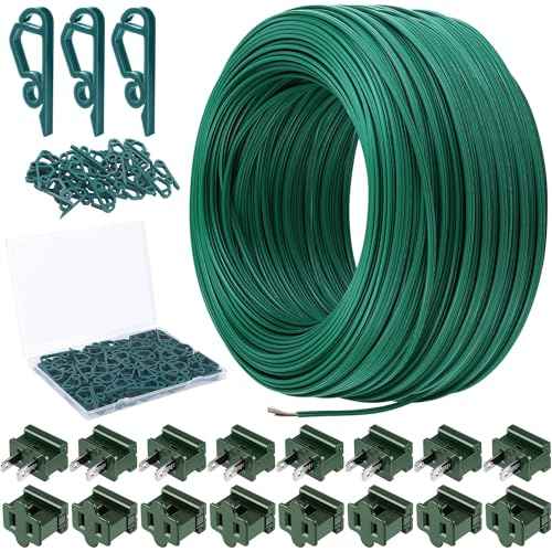 Fovths Christmas SPT-1 Electric Wire Set 120 Ft SPT-1 Zip Cord Wire 8 Male and 8 Female Vampire Plugs with Light Clips Green Electrical Light End Plug for Xmas Holiday Outdoor Indoor Lighting