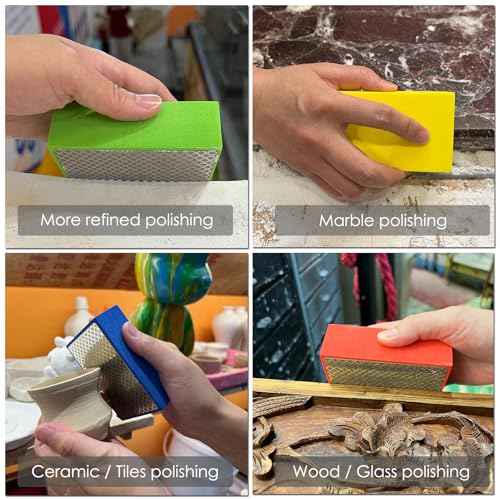 Diamond Hand Polishing Pads, Diamond Sanding Pads for Ceramic Tile Glass Stone Granite Wood Marble Metal, 4PCS Foam Backing Grinding Blocks Grit 60#,100#,200#,400#, Tile Tools