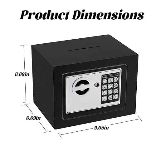 Small Electronic Safe Box With Digital Keypad & Keys - 9.05 x 6.7 x 6.7 Inches Wall Safe 0.23Cuft Mini Security Box for Coin Home Office Hotel Rooms Business Jewelry Gun (Black)