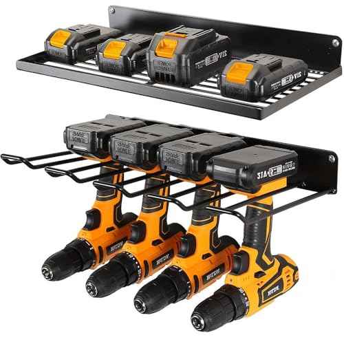 2-Tier Power Tool Organizer, Storage Rack Wall Mount Drill Holder for 4 Power Drill Tools, Space Saving, Utility Storage Rack for Garage, Workshop, Tool Library Etc