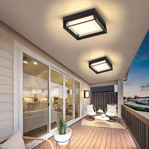 Square Flush Mount Outdoor LED Ceiling Light Fixture, 120V 24W 3000K 9 inch Medium Overhead Porch & Patio Lights Ceiling Mounted, Waterproof Suitable for Wet Areas, Black