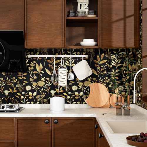 Gold Leaf Wallpaper 17.5" x 118" Blue Floral Contact Paper for Cabinet Waterproof Self Adhesive Wall Paper for Kitchen Countertop Wall