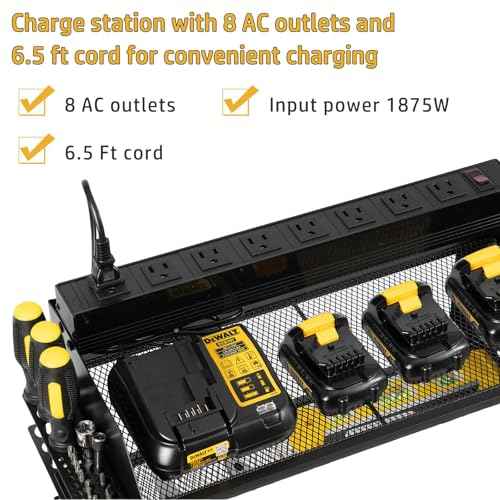 Modular Power Tool Organizer Wall Mount with Charging Station,8 Outlets,4-Layer,6 Drill Holders,4 Hooks,Metal drill holder wall mount,6.5ft Cord,Garage,Workbench,Workshop,Black