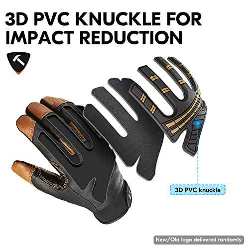 Vgo... 1-Pair High Dexterity Water Repellent Goat Leather Heavy Duty Mechanic Glove,Rigger Glove,Anti-Vibration,Anti-Abrasion,Touchscreen (Size L,Brown,GA8954)