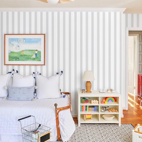 Gray and White Peel and Stick Wallpaper Modern Boho Contact Paper Cabinet Grey Stripe Removable Waterproof Wallpaper Bathroom Bedroom Self Adhesive Line Farmhouse Contact Paper 17.3inW 78.7inL