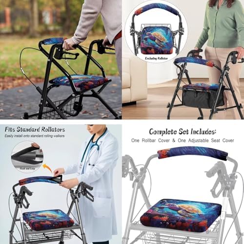 LedBack 3 Piece Set Walker Accessories Sea Turtle Print Walker Seat Cover Soft Rollator Seat and Back Rest Covers Underseat Pouch Tote for Rolling Walkers