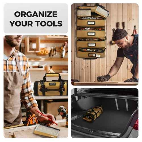 COMOWARE Roll Up Tool Bag, 600D Oxford PVC Coated Tool Organizer with 11 Pouches, 5 Exterior Wrench Pockets & Adjustable 51.2" Shoulder Strap for Mechanics, Plumbers, Camping, Motorcycle