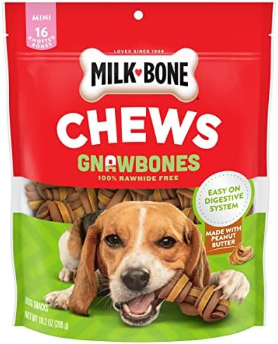 Milk-Bone Chews GnawBones Rawhide Free Dog Treats, Peanut Butter & Chicken, 16 Long Lasting Mini Knotted Bones