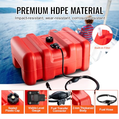 VEVOR Marine Tank, 14.53 Gallon/55L, Boat Tank with 9.8 ft Long Hose, Two-Way Vent Cap, High-Density Polyethylene, Leak-Proof, Visible Gauge, Easy to Carry, for Outboard Engine Fishing Boat Yacht
