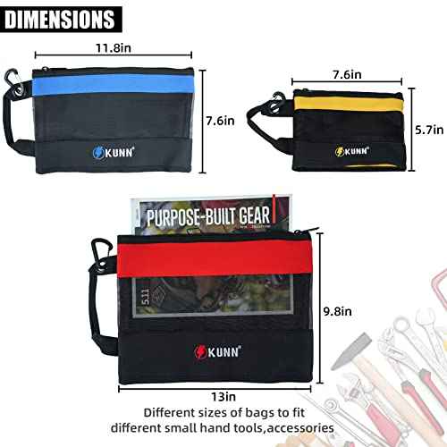 KUNN Tool Bag Zipper Pouch 3 Pack - Heavy Duty Utility Tool Storage Organizer with Carabiner for DIY,Electrician,Accessories and Travel£¨Red,Blue,Yellow£©