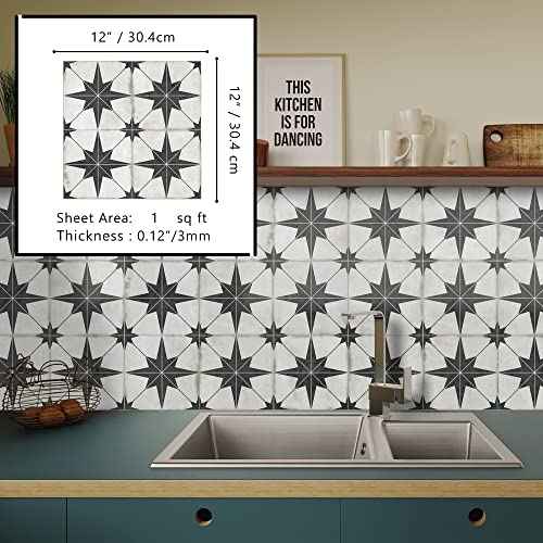 The Tiles Plaza Peel and Stick Encaustic Backsplash, Black Star Patterned Stick on Tile, Self-Adhesive Wall Tile Sticker for Kitchen Bathroom Fireplace Stairs, 10 Sheets