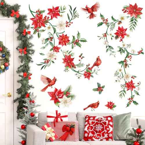 decalmile Christmas Flowers Vine Window Wall Decals Christmas Floral Red Cardinal Bird Wall Stickers Living Room Party Home Door Window Showcase Wall Decorations