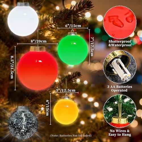 Lanpn 4 Pcs 8" Outdoor LED Ornament, Large Christmas Battery Powered Ball Lights, Xmas Tree Sphere Bulb Decor with Dark Sensor, Christmas Lighted Ornaments for Lawn Garden Yard Patio, Red