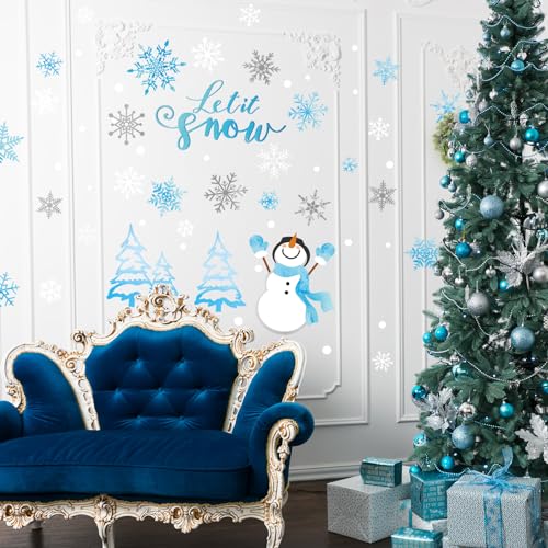 Winter Snowflake Snowman Wall Stickers Christmas Window Decals Small Room Mural Stickers for Party Home Bedroom Kitchen Decor, 7.9 x 11.8 Inch, 9 Sheets