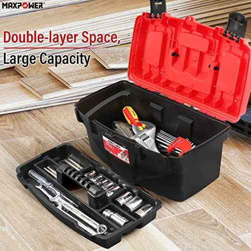 MAXPOWER Tool Box 15-Inch, Plastic Tool Boxes with Removable Tray & Dual Lock Secured For Home