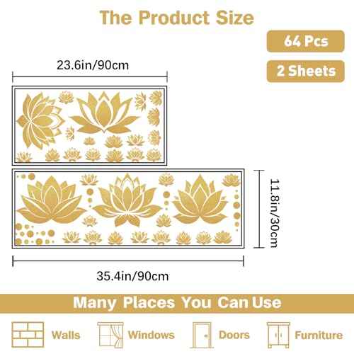 PLIGREAT 2 Sheets Lotus Flower Wall Decals DIY Gold Dot Removable Vinyl Stickers for Yoga Center Bedroom Living Room Zen Room Meditation Home Background Wall Art Decor Yoga Lovers Gift