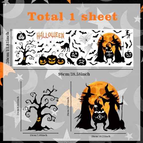 Halloween Window Clings,Halloween Witch Window Stickers,Pumpkin Ghost Wall Stickers,Pumpkin Bat Wall Decals,Spider Black Cat Decals,Tree Full Moon Decor for Party Home Room Office Kitchen