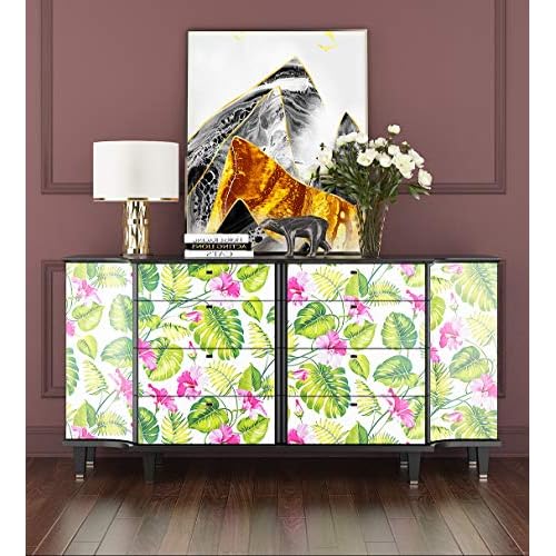 LACHEERY Tropical Palm Leaf Peel and Stick Wallpaper 17.7" x 6.8ft Removable White Green Pink Contact Paper Decorative Self Adhesive Floral Wallpaper for Bedroom Walls Shelf Drawer Liner Nightstand